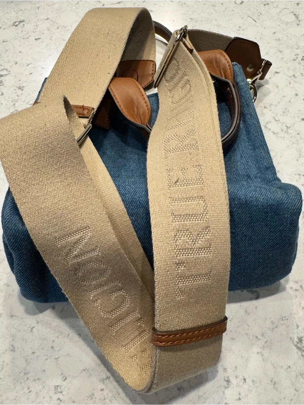 True Religion Blue Denim Mini Messenger with Brown Trim